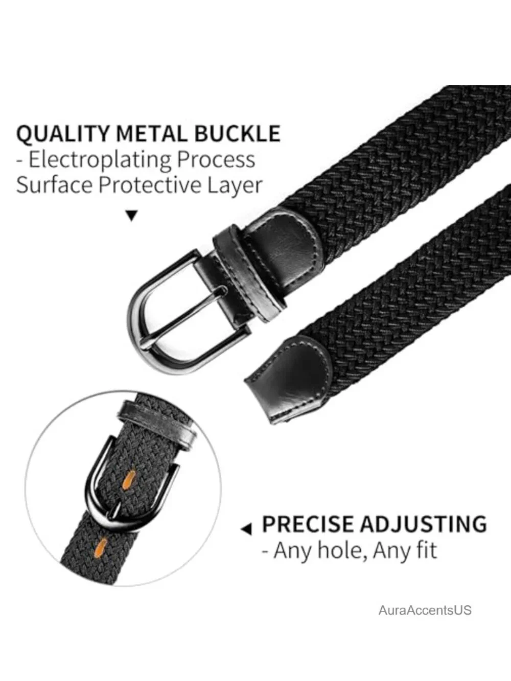 Braided Stretch Elastic Belt Pin Buckle PU Loop End Tip Men Women Junior